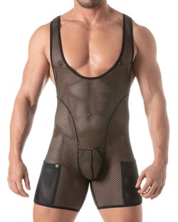ToF Circuit Mesh Wrestling Singlet - Black